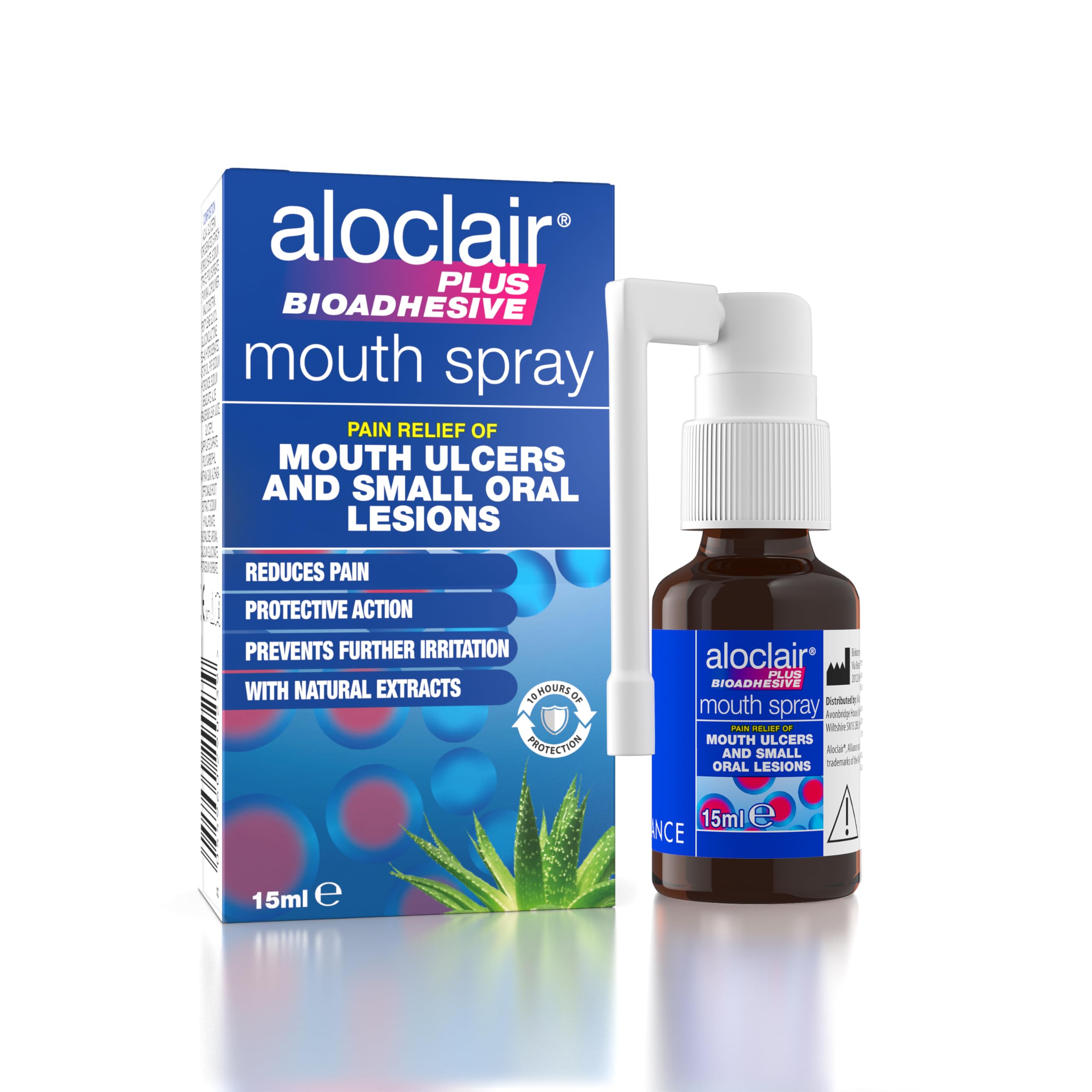 Aloclair Plus Bioadhesive Mouth Ulcer Spray 15 ml, Helps relieve pain from Mouth Ulcers and Oral Lesions, Up to 10-Hour Protection, No-Touch Application, For Adults and Children 4 Years+