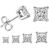 LIEBLICH Princess Cut Cubic Zirconia Stud Earrings Stainless Steel Square Earrings Set 4 Pairs 3mm-6mm (Silver)