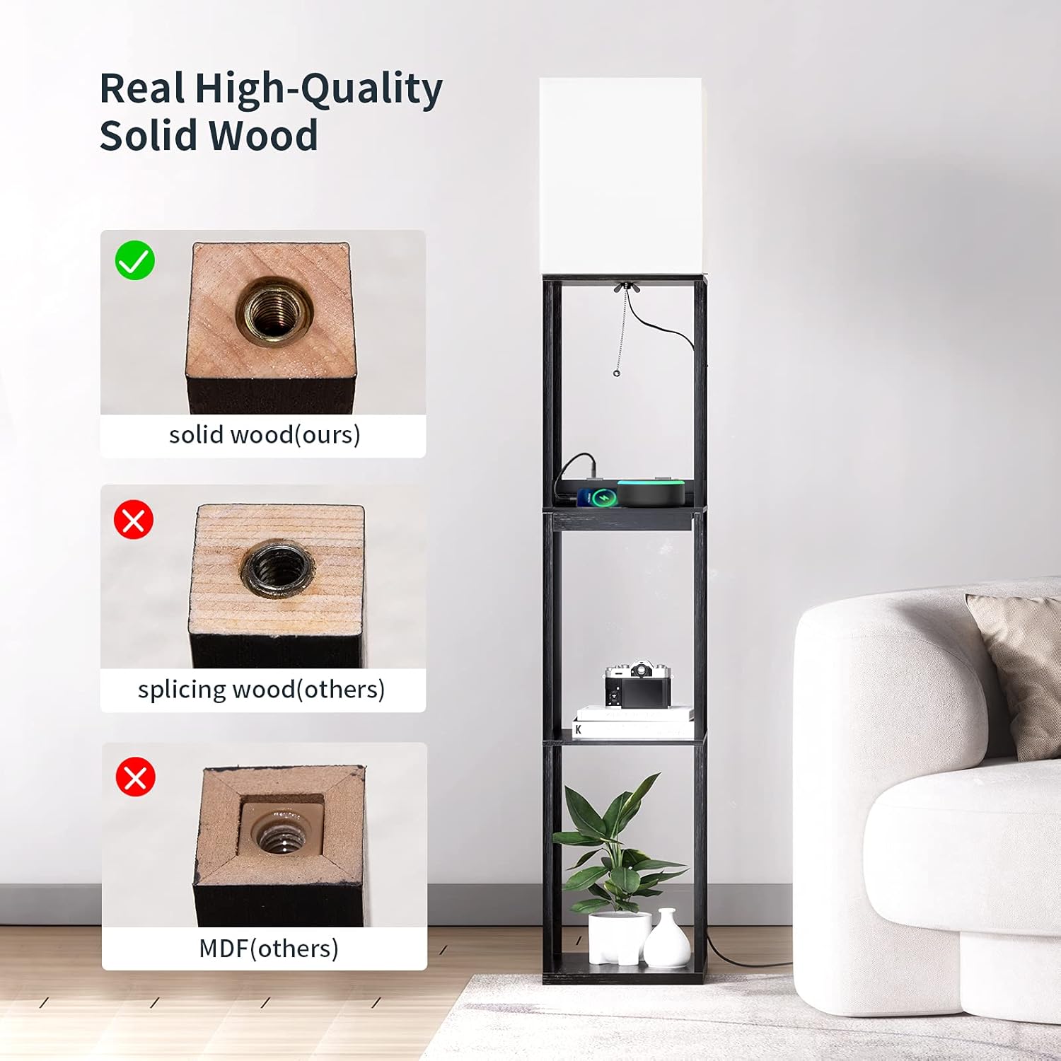 SUNMORY Floor Lamp with Shelves, Modern Dimmable Solid Wood Standing Lamp Both with 1 Drawer and 2 USB Ports & 1 Power Outlet, Corner Tall Bookshelf Lamp for Living Room and Bedroom(Black) - - 