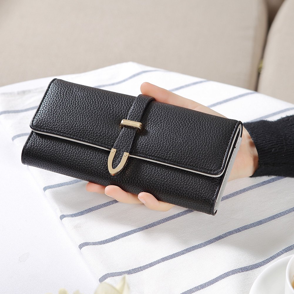 Wallet for Women Leather Large Capacity Trifold Checkbook Card Holder Organizer with Snap Closure Ladies Clutch black