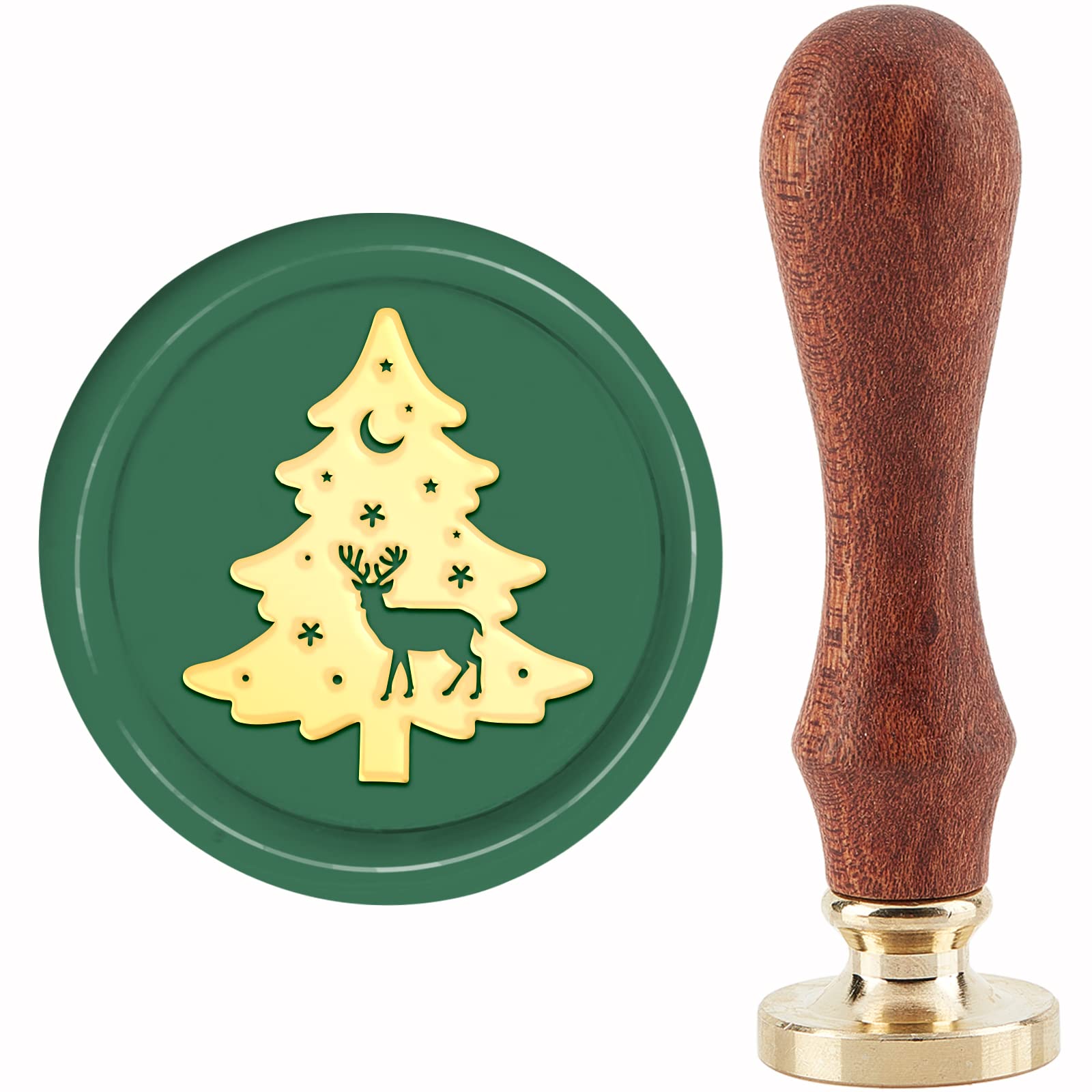 CRASPIRE Christmas Tree Wax Seal Stamp Elk Moon Sealing Stamp X'MAS EVE Merry Christmas 30mm/1.18inch Removable Brass Head Sealing Stamp with Wooden Handle Invitations Greeting Cards Wrap — image 1