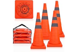 DANGCHU [4 Pack] 28 inch Collapsible Traffic Cones, Orange Safety Cones with Reflective Collar for Parking Lots, Portable Multi Purpose Pop-up Cones for Driving Practice and Road Parking