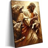 Jesus and Lamb Canvas Wall Art God Protect A sheep From Wolves Wall Decor Jesus Saves The Lost Lamb Picture Posters Prints Christianity Religious Painting for Living Room Bedroom Church 12x16in Framed
