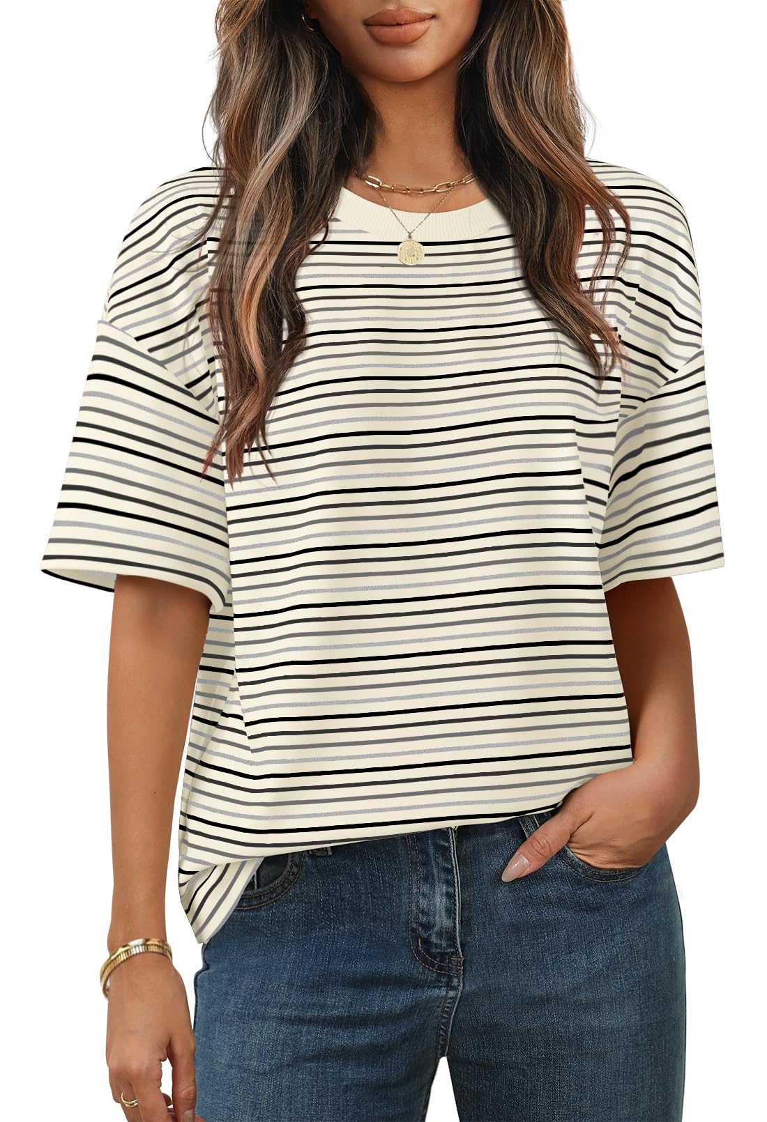 Photo 1 of MEROKEETY Women's Summer Short Sleeve Shirt Casual Colourful Striped Crewneck Loose Tops Blouse, Grey, XX-Large