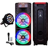Mr. Dj USA Newyork+ 12" X 2 Rechargeable Portable Bluetooth Karaoke Speaker with Party Flame Lights Microphone TWS USB FM Radio + 18-LED Slim Par Wash DJ Light