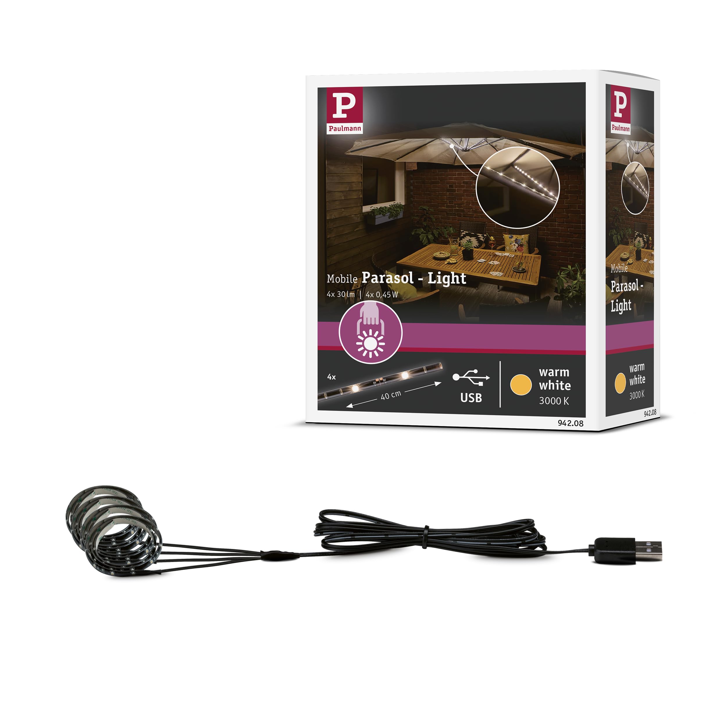 Paulmann 942.08 Outdoor Mobile Parasol Lighting IP44 3000K 4x0.4m Parasol luminaire Decorative luminaire Light Strips LED Strips 94208