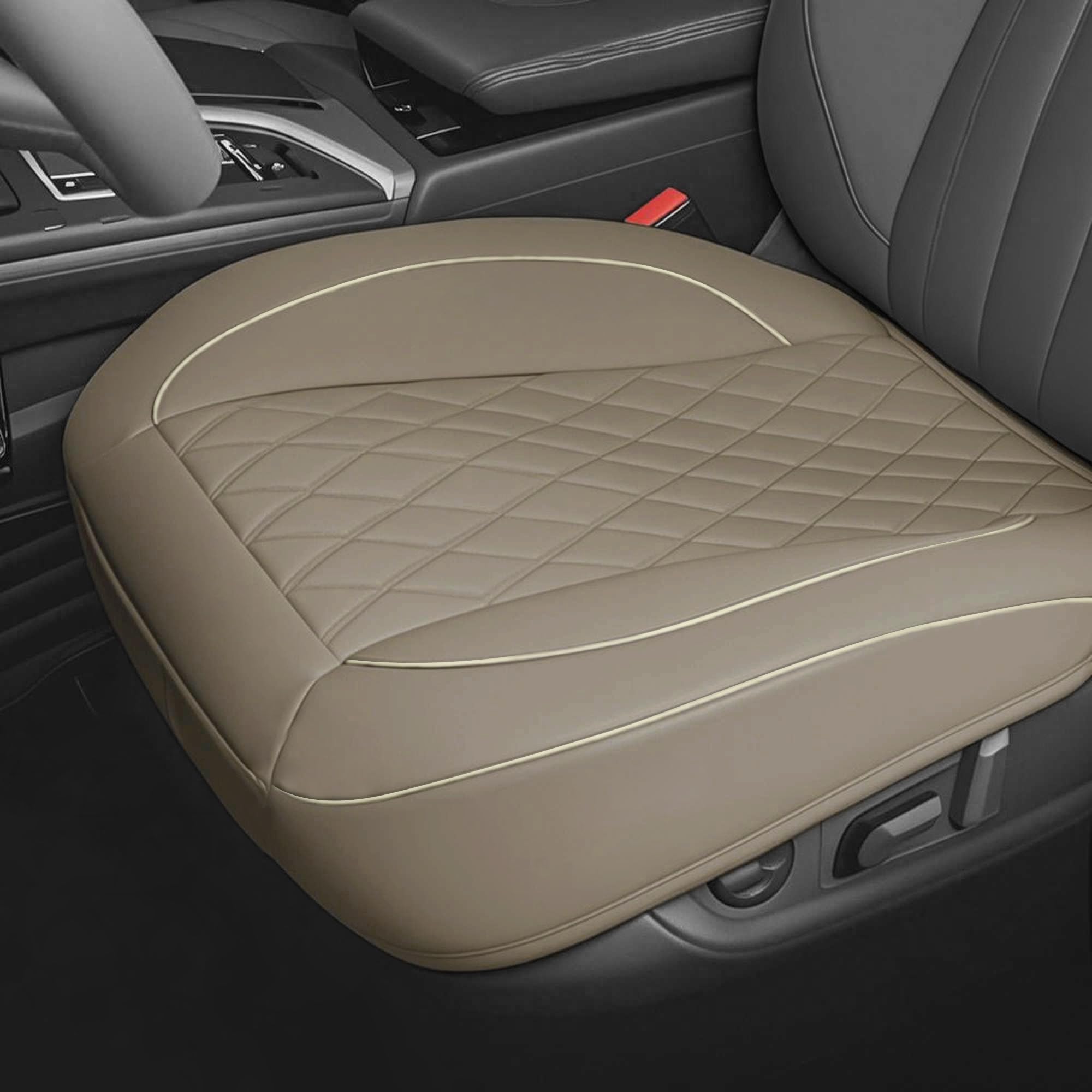 Photo 1 of 1 Pack PU Leather Quilting Front Car Seat Cover, Anti-Slip Full Wrap-Around Bottom Seat Protector Cushion with Storage Pocket, Universal Fit for Most Vehicles - Beige