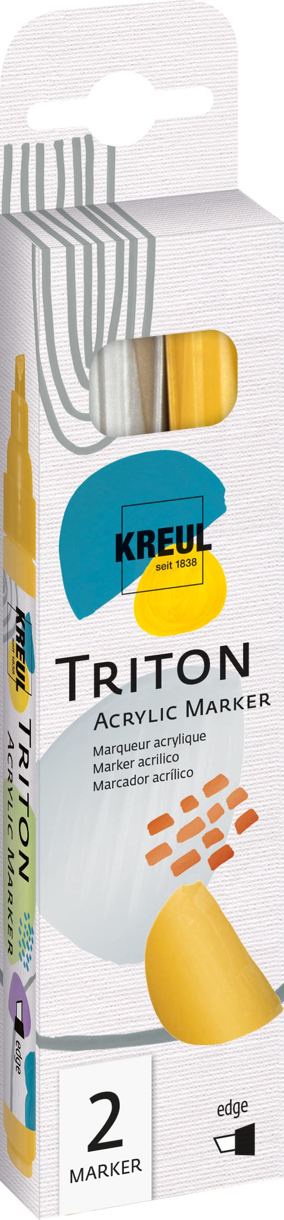 Kreul 17893 Triton Acrylic Marker Edge, Set of 2, Silver and Gold, Water-based, Semi-Gloss Drying, Acrylic Paint Pens for Designing Paper, Wood, Stone and Much More