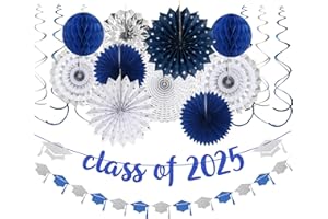 Navy-Blue Silver Party-Decorations Graduation Banner-Streamers - 18pcs Kits Class of 2025 Garland, Paper Tissue Pom Poms Fan, Honeycomb Lanterns Congrate Grad Congratulations Decor Panduola