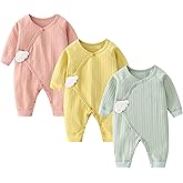 IADOER Newborn Baby Romper - Unisex Cotton Bodysuit for Infant Baby Boys Girls 3 Pack Long Sleeve Button Solid Jumpsuits