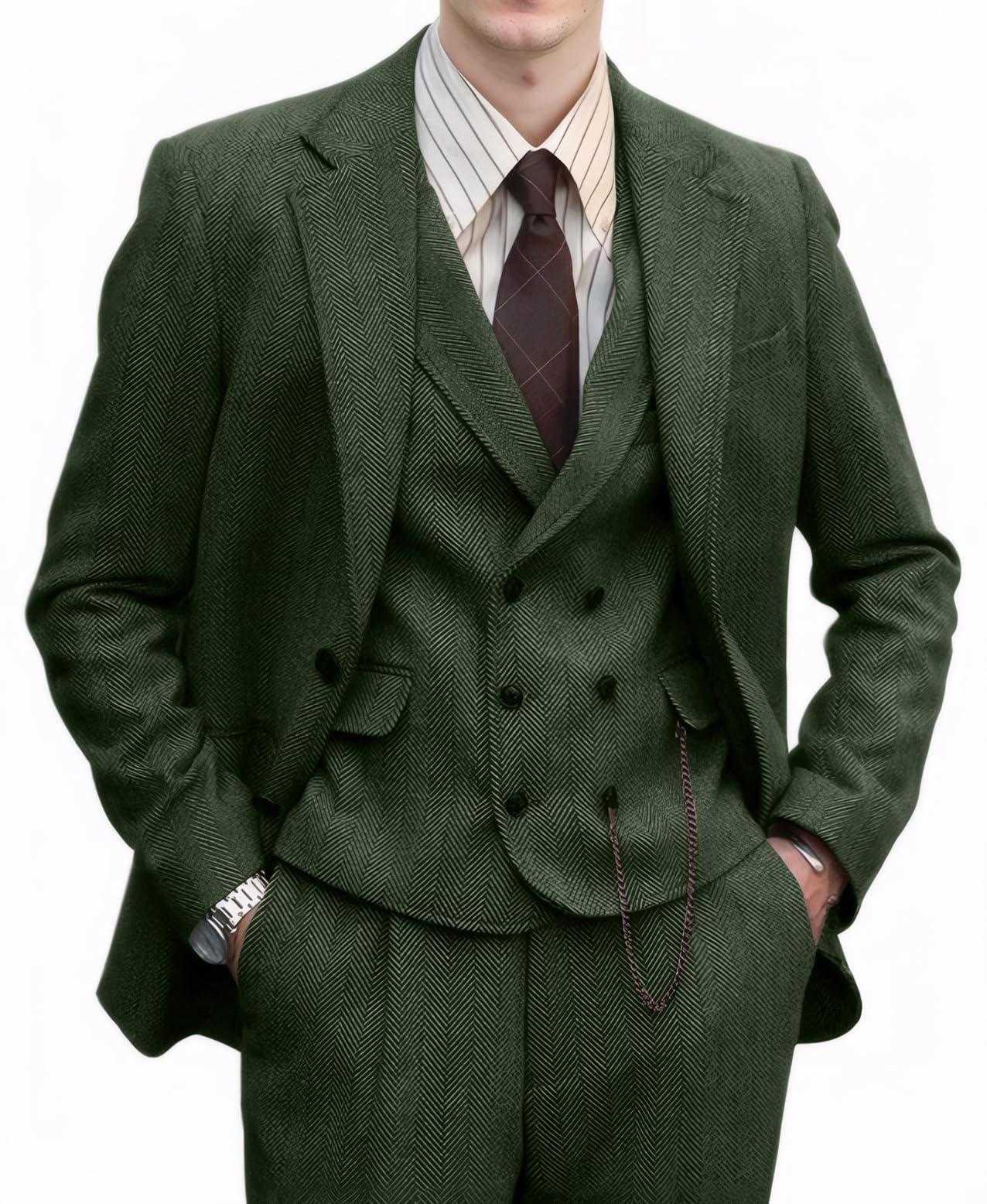 Photo 1 of Retro 3 Piece Mens Suit Slim Fit Formal Wool Jacket Men Green Suits Herringbone Tweed Wedding Prom Tuxedo Blazer Pants 3XL