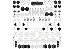 ITART 105pcs Christmas Tree Ornaments Decorations Black and White Including Star Tree Topper Christmas Balls Snowflakes Candy Canes Nutcracker Figurines Bead Garlands for Christmas Tree Decor