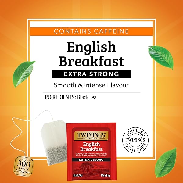 TWININGS ENGLISH BREAKFAST EXTRA STRONG BLACK TEA INDIVIDUALLY WRAPPED BAGS, 20 COUNT (PACK OF 1), ROBUST, CAFFEINATED, ENJOY HOT OR ICED, 20 TEABAGS