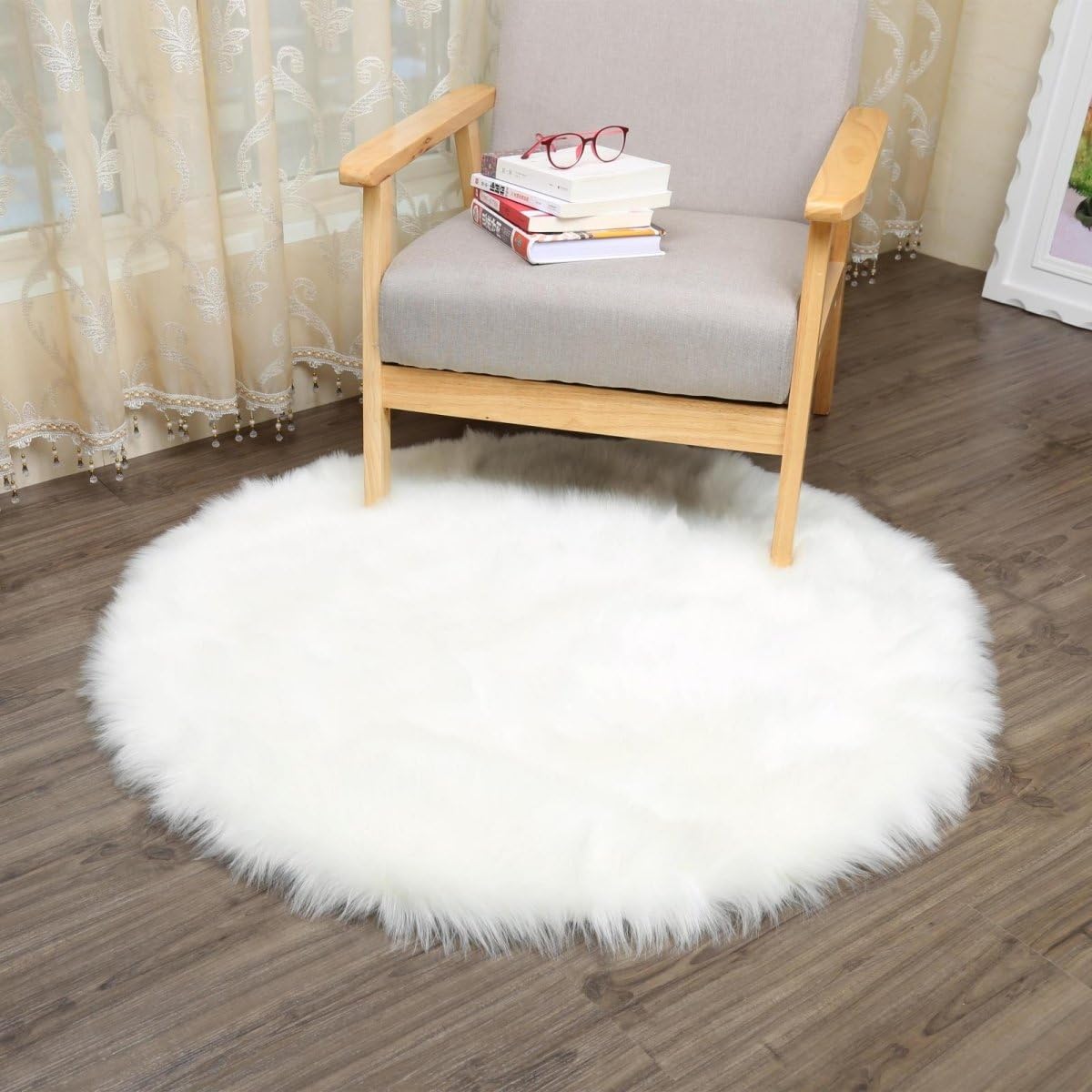 Round Faux Fur Sheepskin Rugs, Soft Shaggy Area Rug Home Decorative Bedroom Fluffy Carpet Rug, Diameter 6 Feet, White