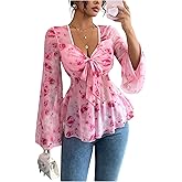 Milumia Women's Floral Bow Front Long Bell Sleeve Sheer Blouse Tops Ruffle Hem Peplum Top