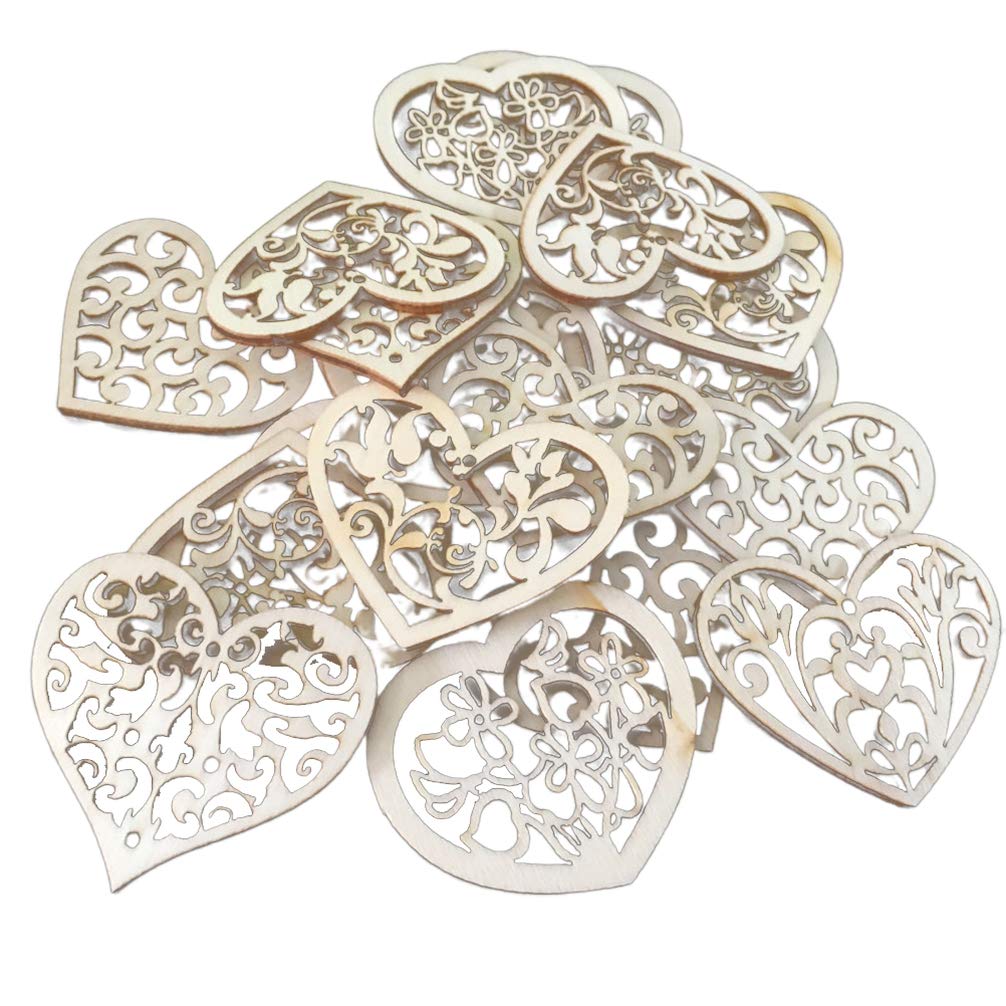 100pcs Valentines Day Heart Ornaments, Wooden Love Shape Slice, Wood Tags Christmas Tree Embellishments Valentines Day Supplies (Random Style)