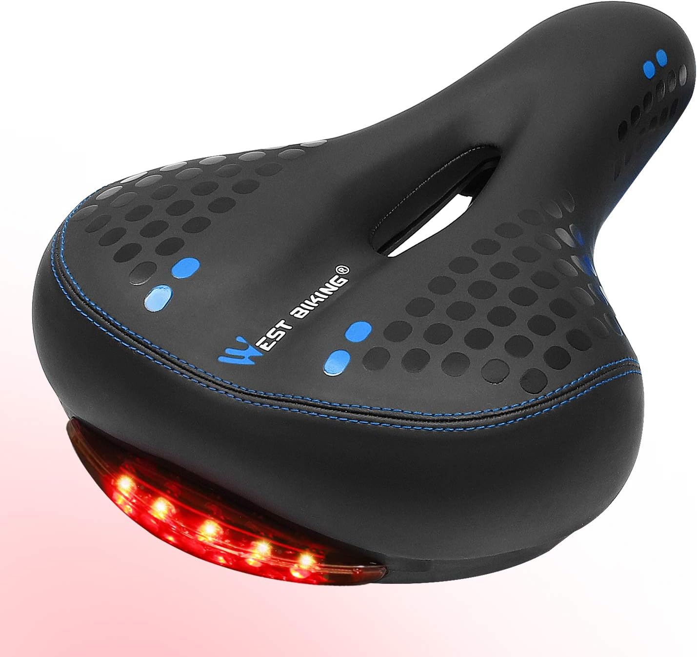 West Biking Black Gel Bike Seat, Bicycle Saddles Cushion Dual Spring Designed Memory Foam Padded Leather Life Waterproof Taillight,Comfortable, Breathable, Safety Fit Most Men Women Bike