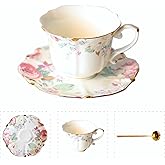 POWDONUNT Vintage Floral Porcelain Tea Cup and Saucer Set with Spoon, Gold Trim, 6.4 oz – Set of 1, Pink (1, Pink)