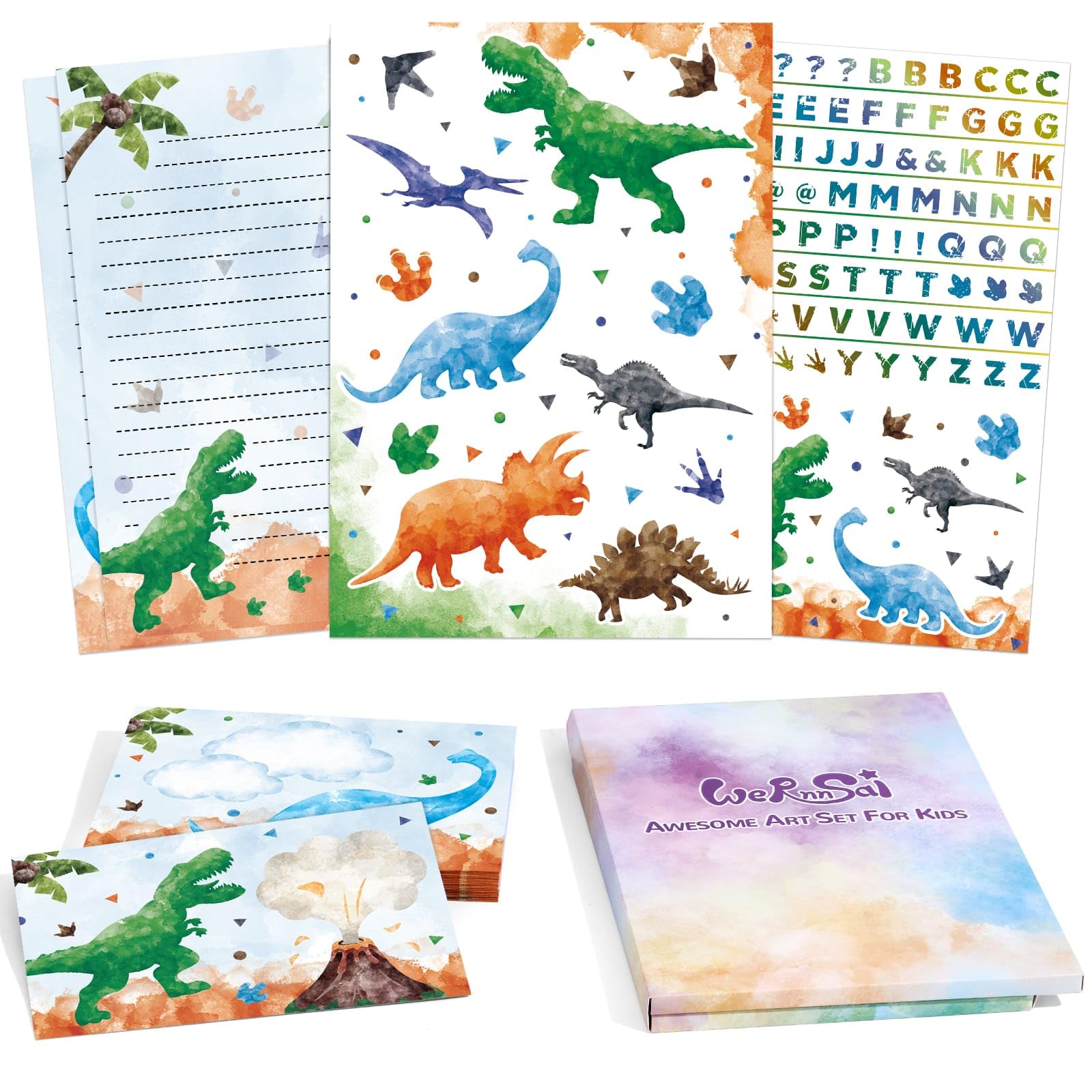 Kids Dinosaur Letter Writing Kit - Boys Stationery Set with Envelopes, Stickers, School Gift Set