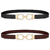 WHIPPY 2 Pack Skinny Elastic Belts for Women Thin Stretchy Waist Belt for Dresses with Gold Buckle