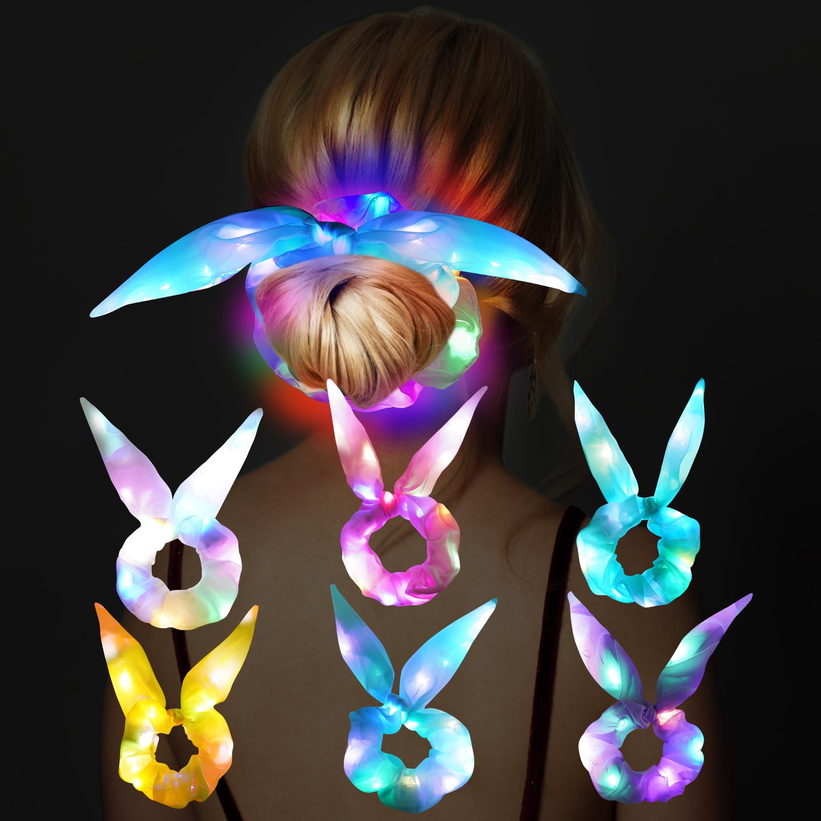 URAQT LED Light Up Elastic Hair Bands, 6Pcs Rabbit Ear Shiny Luminous Hair Ties, 3 Colors Light Modes LED Hair Scrunchies, Light Up Hair Scrunchies for Rave Glow Party Disco Parties Hair Accesories