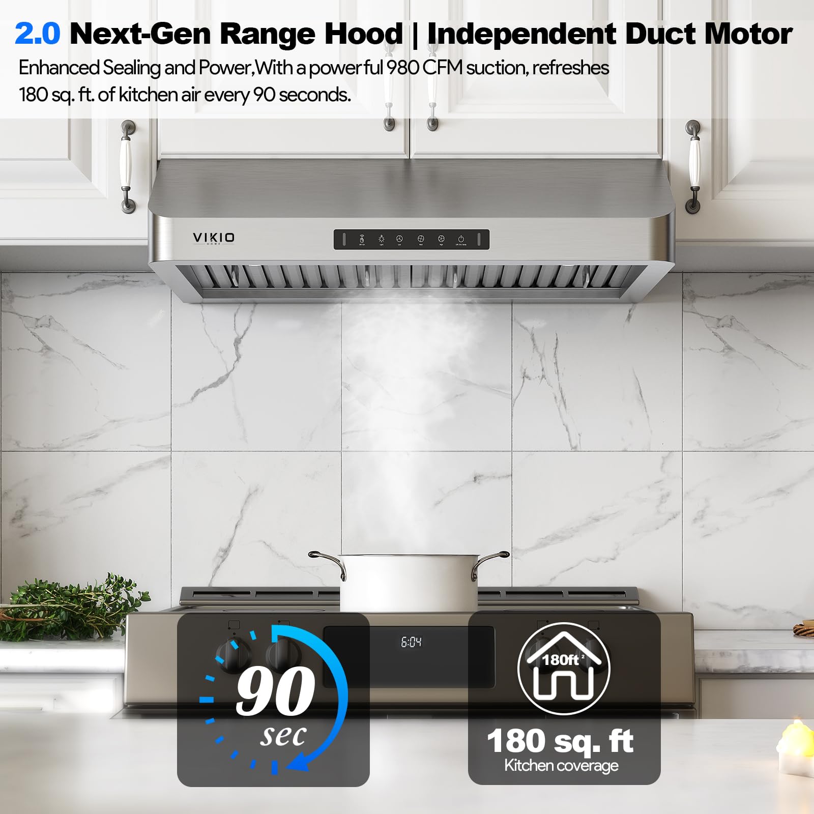 Range Hood 30 Inch Under Cabinet, Kitchen Hood with 980 CFM, 3-Speed Gesture Sensing & Touch Control Panel, Stainless Steel Vent 2 Pcs Baffle Filters with Handlebar