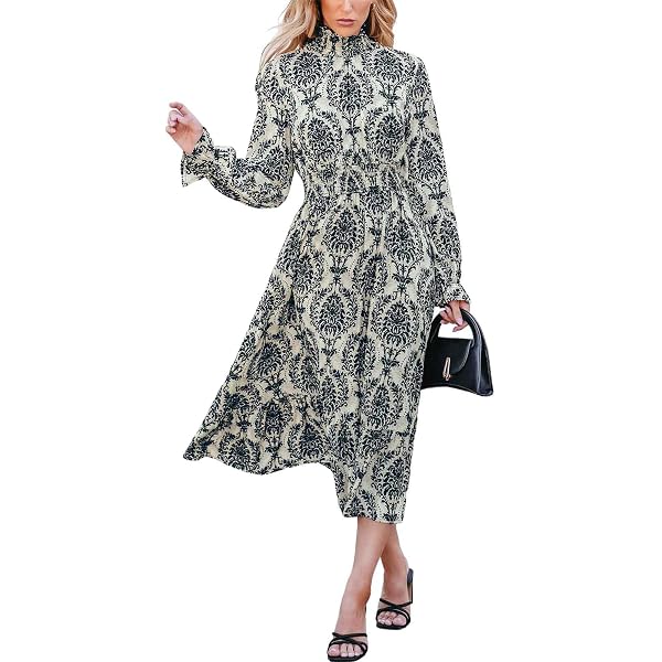 CUPSHE Women's Boho Ruffle Maxi Dress - Paisley Print, Lantern Sleeves, Elastic Waist