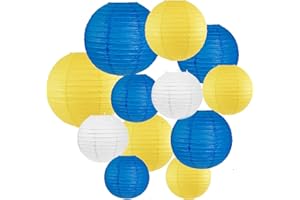 Peywot 12Pcs Blue and Yellow Party Decorations Hanging Round Paper Lanterns Assorted Sizes (8" 10" 12") for Graduation Birthday Wedding Dinner Party Baby Shower BBQ Decor (Blue Yellow White)
