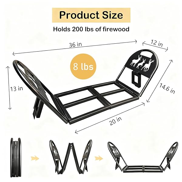 IA GARDEN 36-INCH HEAVY DUTY FOLDABLE FIREWOOD RACK – PORTABLE METAL LOG HOLDER FOR INDOOR OUTDOOR, FIREPLACE PATIO DECK FIREPIT STORAGE ORGANIZER