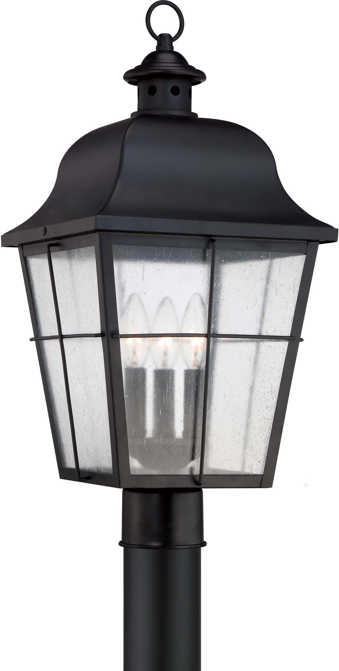QuoizelMillhouse 3-Light Mystic Black Outdoor Lantern Lamp – Clear Seeded Glass Lantern Lights, Dimmable Fixture for Wet Locations Standing Lamp, Post Lantern Fits Standard 3-Inch Posts