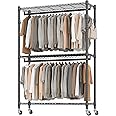 BATHWA Heavy Duty Garment Rack on Wheels, Rolling Clothes Racks for hanging clothes, Simple Sturdy Wardrobe Rack with Double Hanging Rods, 8 Side Hangers, Black