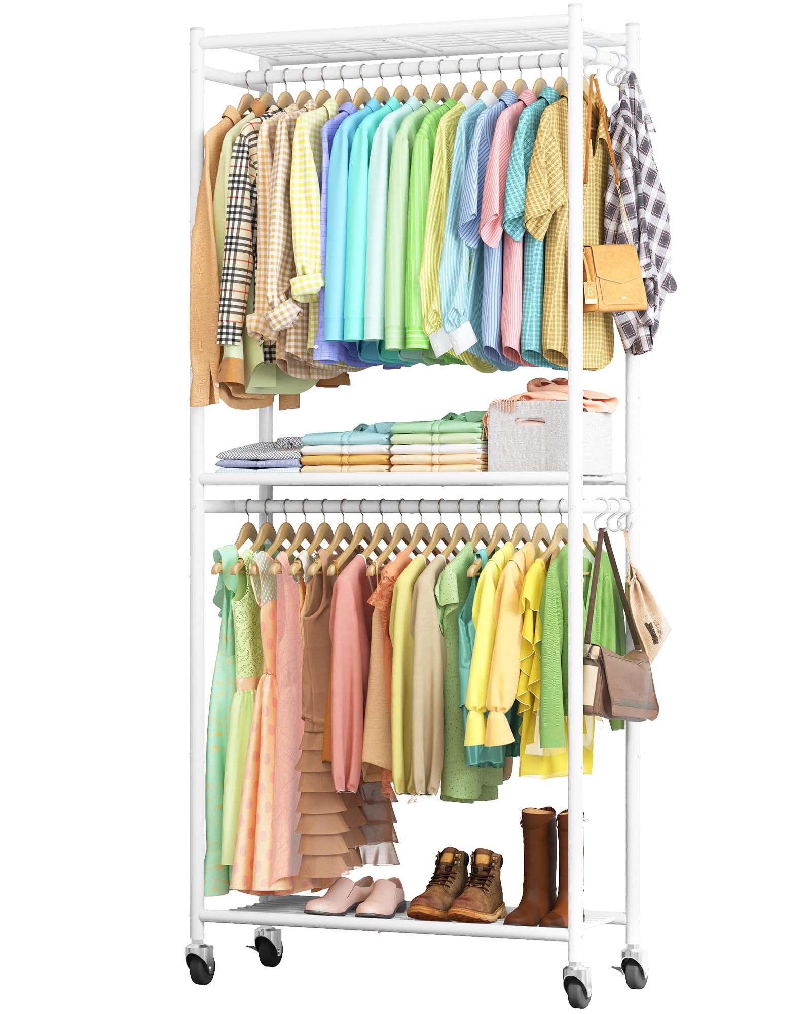 Sakugi Clothes Rack - 33.0" x 12.2" x 79.5" Clothing Rack with Shelves & Wheels, Multi-Functional Wardrobe Closet with Hooks, Sturdy Metal Garment Rack for Bedroom, Laundry, Balcony (White)