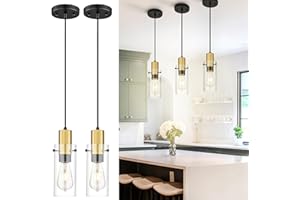 Emak 2 Pack Black Gold Pendant Light, Modern Farmhouse Pendant Lights Kitchen Island with Clear Glass Shade, Mini Hanging Lights for Bedroom, Kitchen, Dining Room, PL120-BKBGD-2PK