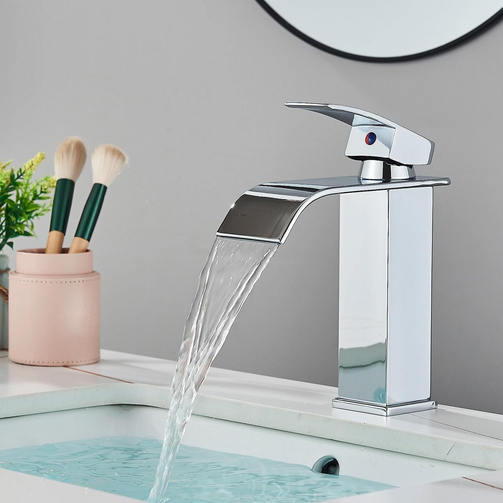 Basin Mixer Tap Waterfall Bathroom Sink Taps Square Stainless Steel Cold and Hot Modern Cloakroom Taps Mono Water-Saving, Energy-Saving (Silver, Black-Gold)
