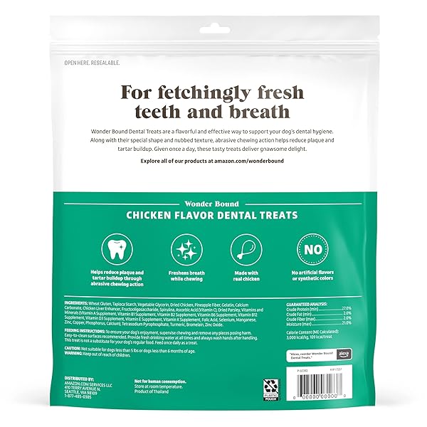 AMAZON BRAND – WONDER BOUND DOG DENTAL TREATS FOR MEDIUM DOGS (25-50 LBS), REAL CHICKEN FLAVOR, NUBBED TEXTURE FOR PLAQUE & TARTAR CONTROL, FRESHENS BREATH WHILE CHEWING, 38 COUNT