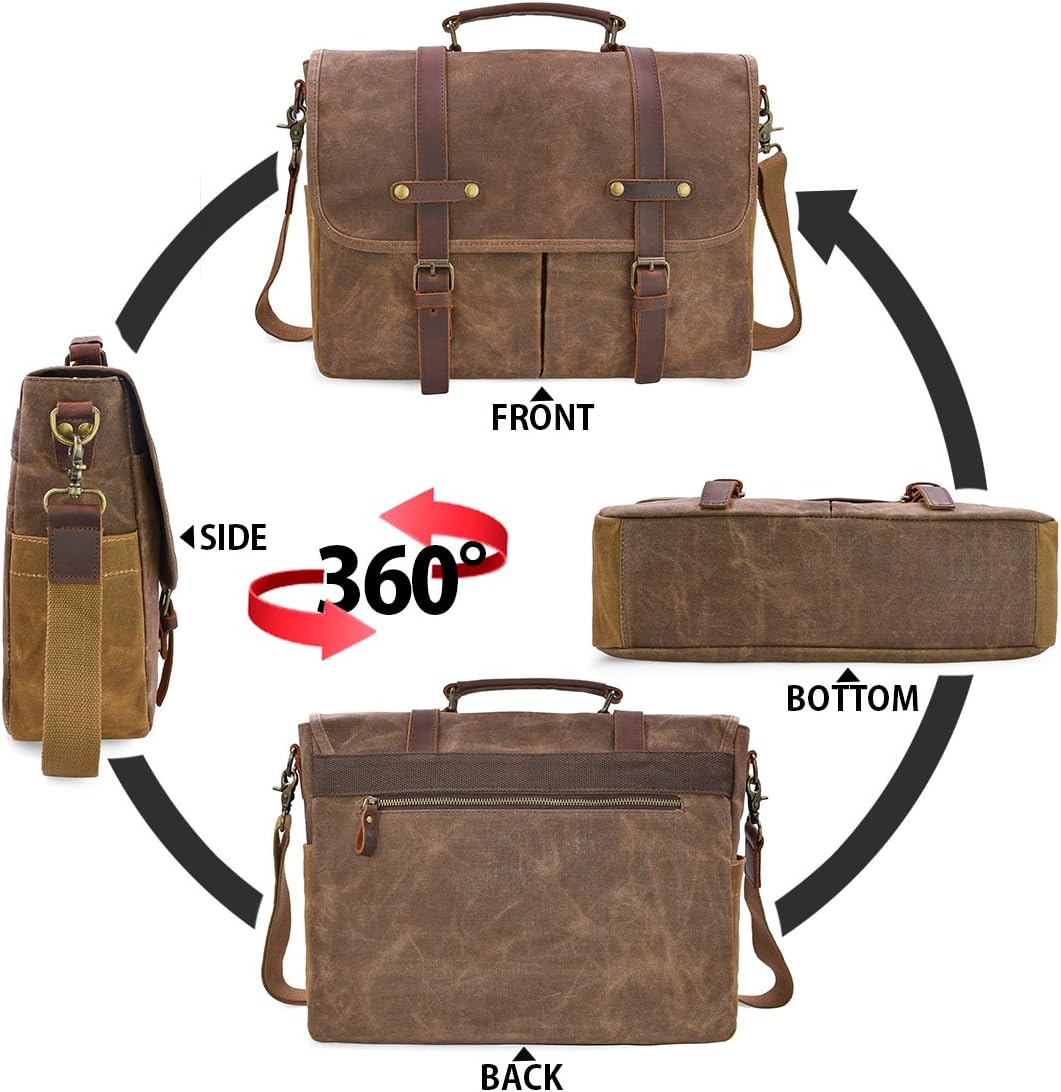 Mens Messenger Bag 15.6 Inch Waterproof Vintage Genuine Leather Waxed Canvas Briefcase Large Satchel Shoulder Bag Rugged Leather Computer Laptop Bag, Brown: Computers & Accessories