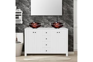 Puluomis 48" Bathroom Vanity, Bathroom Cabinet Vanity in White Finish with Marble Texture Top and 4 Drawers, Modern Stand Pedestal Bathroom Vanity Set with Two Bathroom Flame Red Glass Vessel Sinks