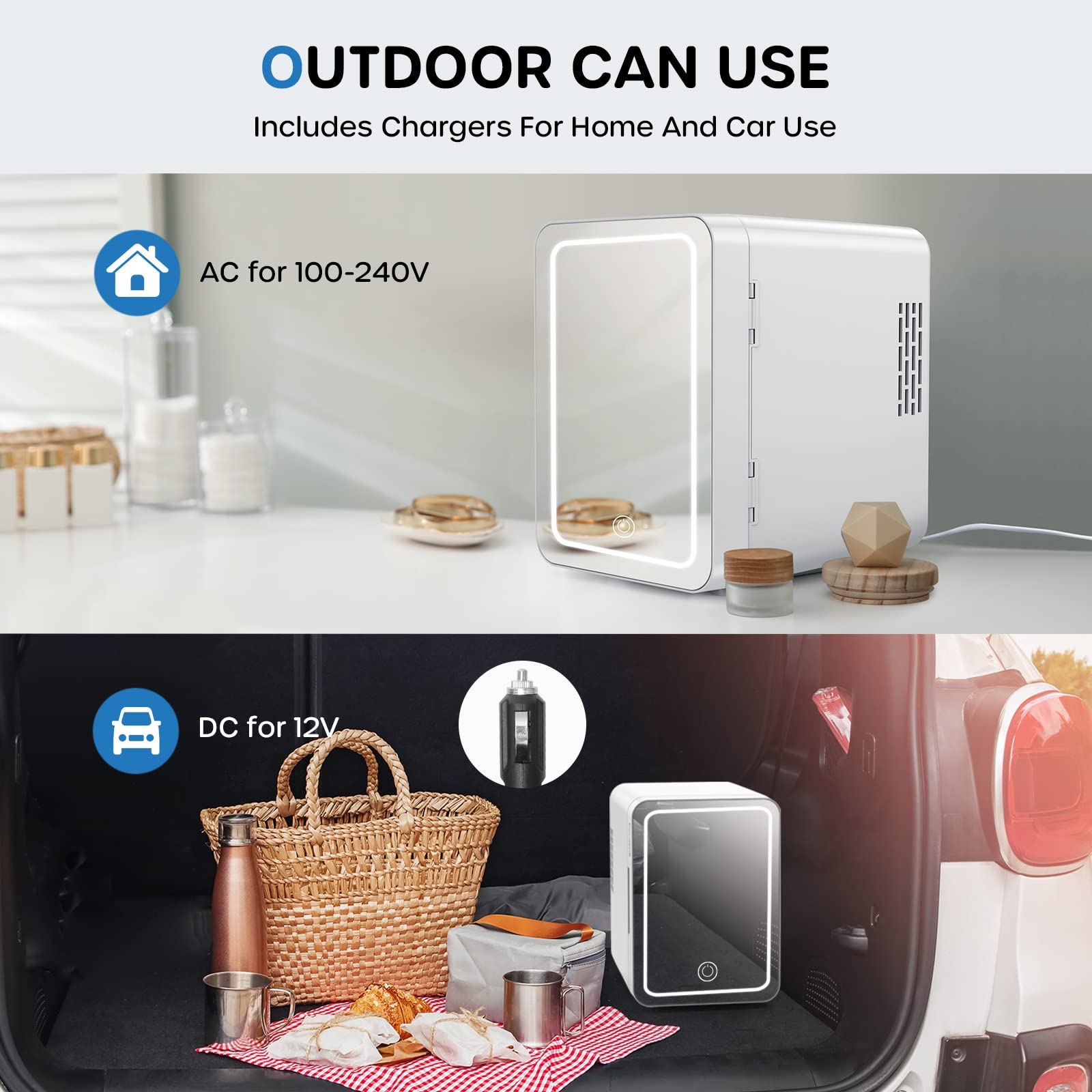 ECOWELL Skin care Fridge, Mini Fridge for Bedroom, 4L with LED Mirror for Makeup Cosmetic Beauty, portable Refrigerator for Office Dorm Car, Cooler & Warmer, AC & DC, White