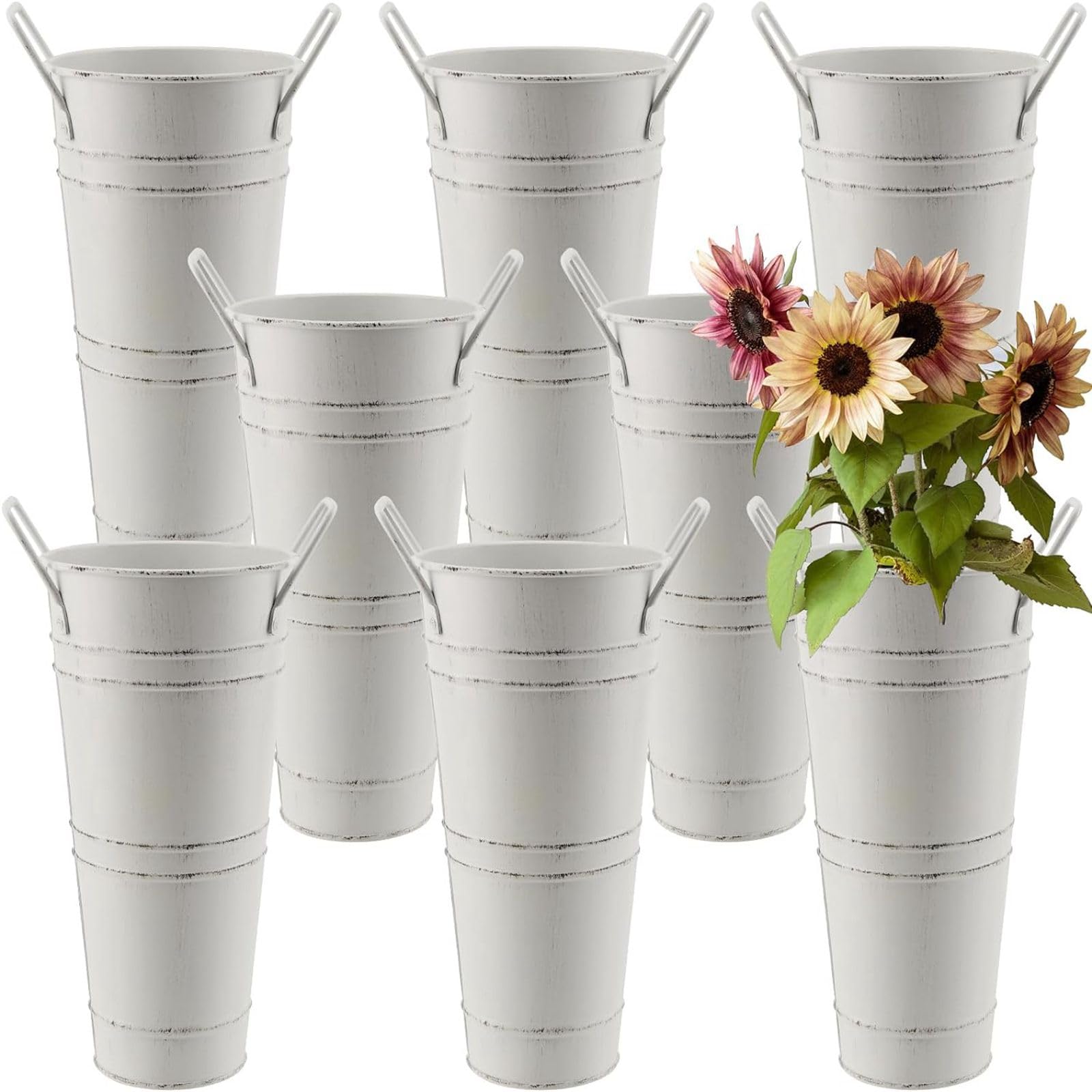 DAKFOOK 8 Pack Galvanized Metal Flower Vases, Top.D:11cm x H:23cm Beige Farmhouse French Bucket with Handles, Galvanised Vase Rustic Metal Flower Bucket for Wedding Table Centerpiece Decorations
