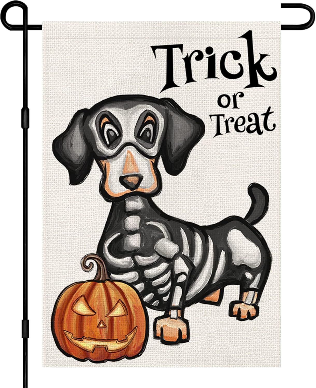 Flags - Halloween Trick or Treat Garden Flag Ghost Dog 12x18 Inch Small Double Sided Burlap Welcome Yard Dachshund Skeleton Outside Decorations DF342