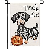 Halloween Trick or Treat Garden Flag Ghost Dog 12x18 Inch Small Double Sided Burlap Welcome Yard Dachshund Skeleton Outside Decorations DF342