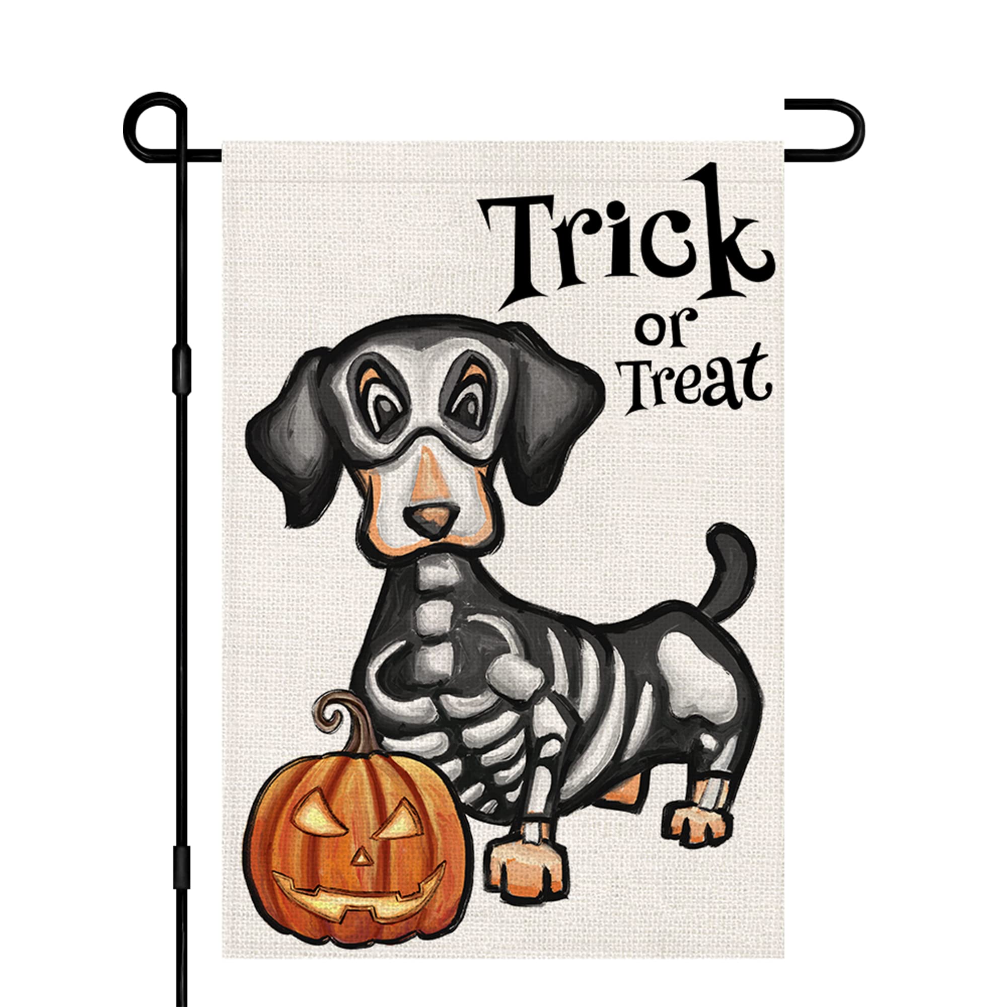Photo 1 of Halloween Trick or Treat Garden Flag Ghost Dog 12x18 Inch Small Double Sided Burlap Welcome Yard Dachshund Skeleton Outside Decorations DF342