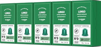 Capsules de café Lungo compatibles avec Nespresso, en aluminium, torréfaction moyennement poussée, 100 Pièces, 5 lot de 20 - Certifié Rainforest Alliance