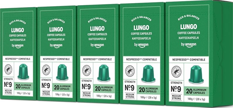 Capsules de café Lungo compatibles avec Nespresso, en aluminium, torréfaction moyennement poussée, 100 Pièces, 5 lot de 20 - Certifié Rainforest Alliance