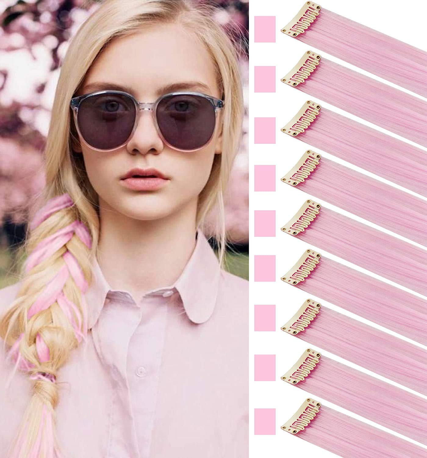 FYHTSD 9PCS Light Pink Children's Wig Pieces Colored Hair Extensions Party Highlight Multiple Colors Hairpiece