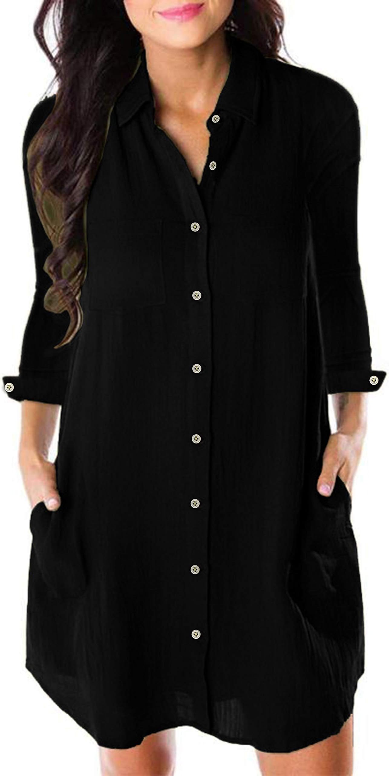 Honwenle Women V Neck Turn Down Collar Long Sleeve Button Down Pocket Casual Shirt Midi Dress Black
