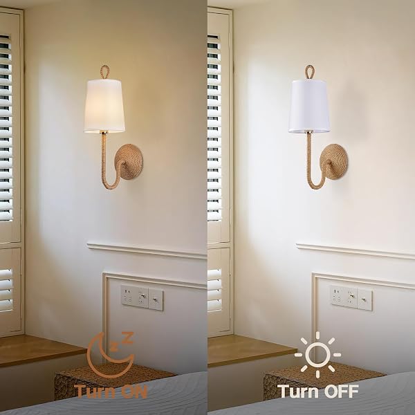HILUXIA NATURAL RATTAN WALL SCONCE SET OF 2: BOHO COASTAL ROPE WOVEN LAMPS WITH LINEN FABRIC SHADES FOR LIVING ROOM, BEDROOM, BEDSIDE, VANITY AND HALLWAY