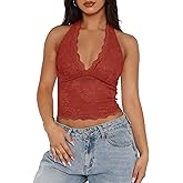 REORIA Women's V Neck Lace Halter Backless Double Lined Tank Top