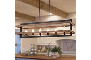 Yidelloc Farmhouse Dining Room Light Fixtures Rectangle Chandeliers Kitchen Island Lighting Vintage Pendant Lights Fixture 6-Lights Wood Grain Iron Chandelier for Dining Room Living Room Kitchen