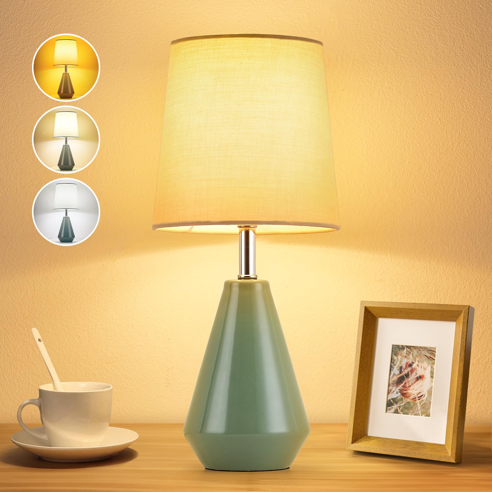 Photo 1 of bdayanx Small Bedside Table Lamp for Bedroom - Reading Desk Lamp with 3 Color Temperatures?15.5" Nightstand Ceramic Lamp with Fabric Shade for Kids Room,Living Room,Dorm,Home Office (Green)